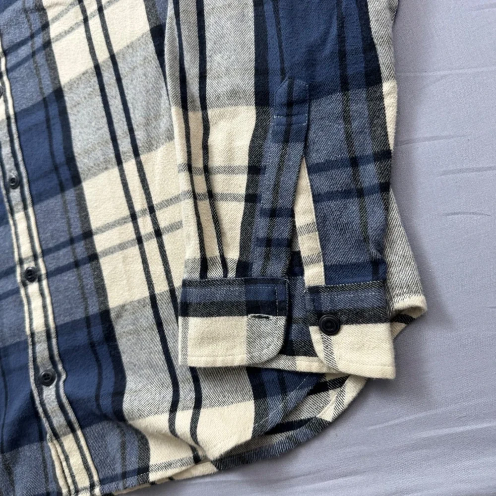 J. Crew Mid-Weight Flannel Shirt Men XLT Blue Cream Plaid Double Brushed Classic